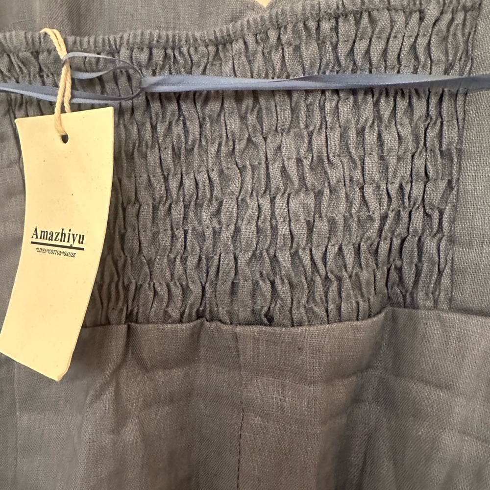 Amazhiyu Pure Linen Maxi Summer Dress Button Down Spaghetti Strap Medium - Picture 4 of 6